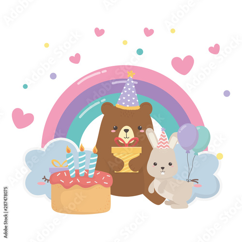Bear and rabbit with happy birthday icon design
