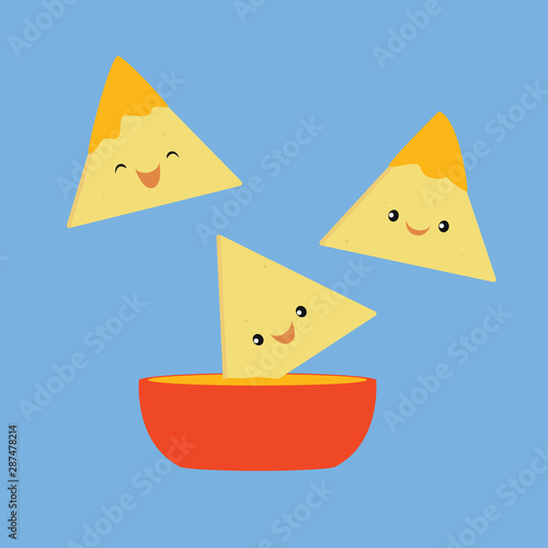 Three tortilla chips and a bowl of queso