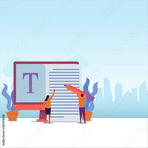 Copy writer flat vector concept couple work together to write on big paper.
