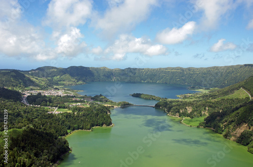 Viewpoint of Blue Lagoon lakes at Sete Cidades, Azores, Portugal