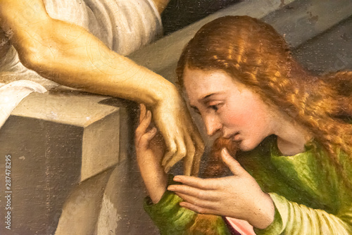 Fotografie, Obraz Detail of medieval painting showing Mary Magdalene kissing Jesus´s hand