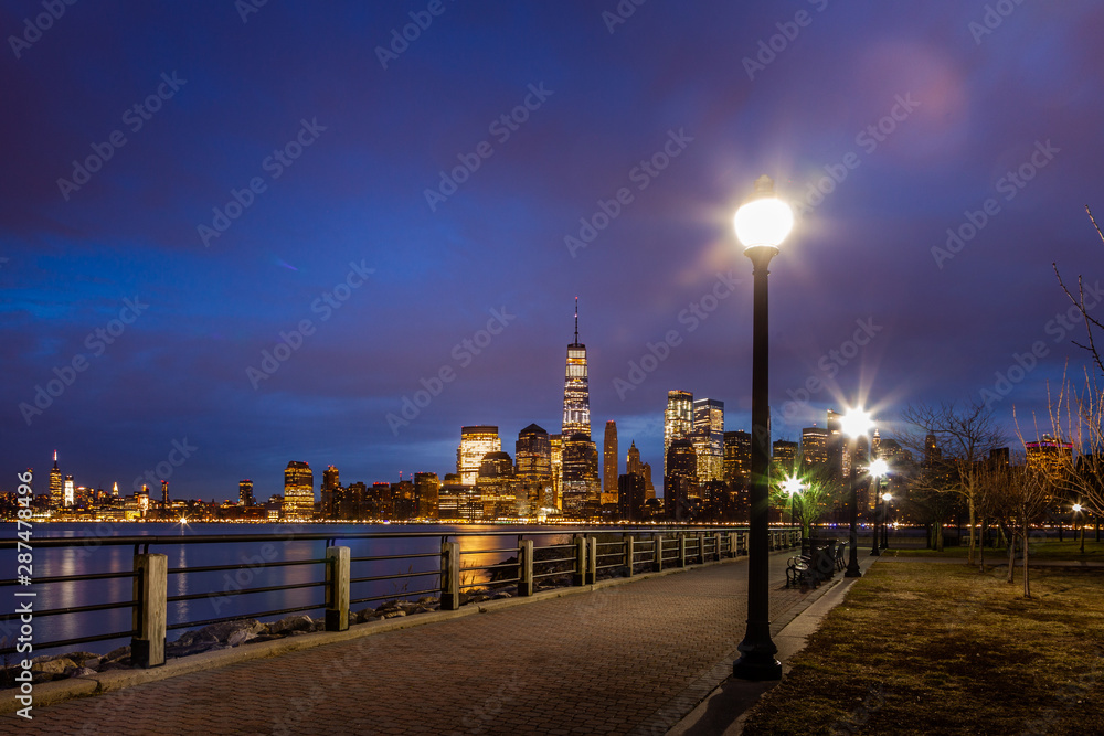 NYC Liberty Park Lower Manhattan at dawn on a cloudy day