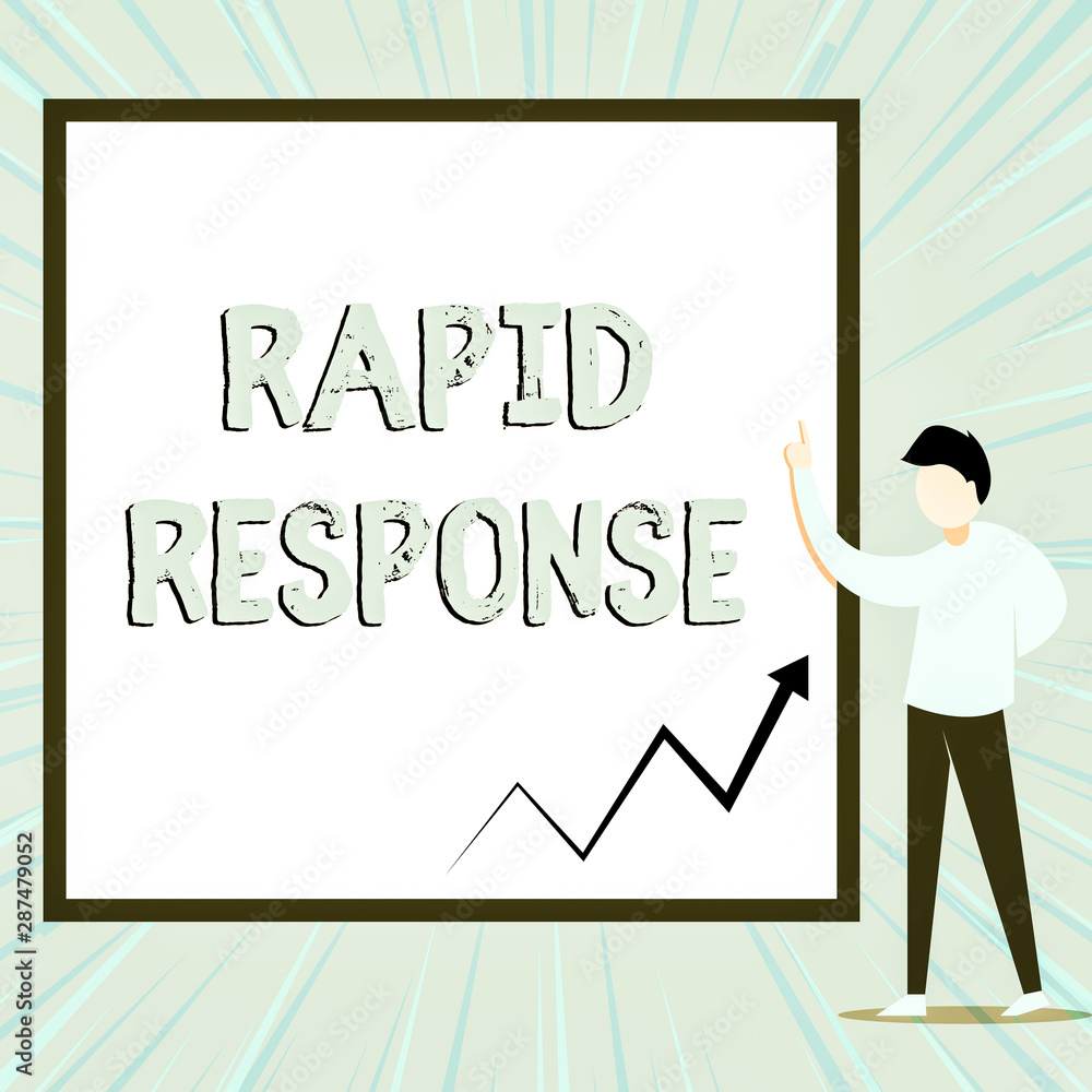 Word writing text Rapid Response. Business photo showcasing Medical emergency team Quick assistance during disaster View young man standing pointing up blank rectangle Geometric background Word writing text Rapid Response. Business photo showcasing Medical emergency team Quick assistance during disaster View young man standing pointing up blank rectangle Geometric background