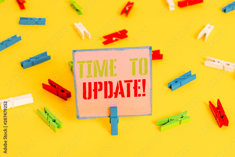 Word writing text Time To Update. Business photo showcasing this is right moment to make something more modern new Colored clothespin papers empty reminder yellow floor background office Word writing text Time To Update. Business photo showcasing this is right moment to make something more modern new Colored clothespin papers empty reminder yellow floor background office