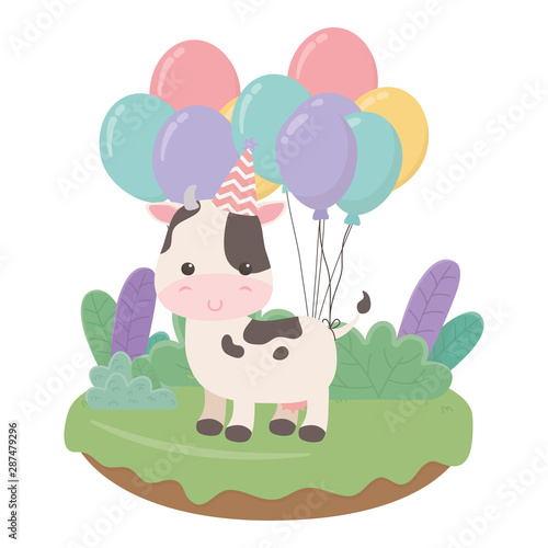 Cow cartoon with happy birthday icon design