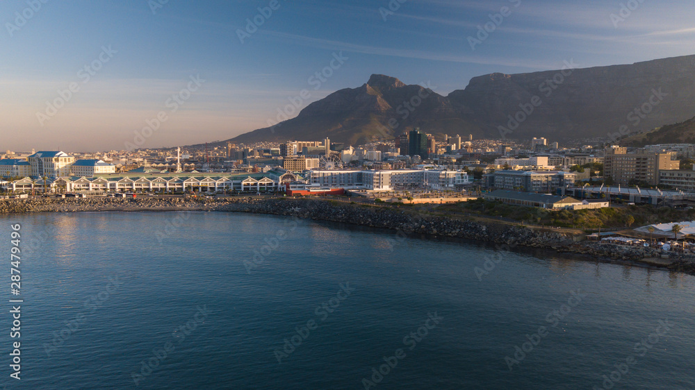 aerial view of the bay in cape town with the table mountain