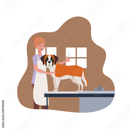 young woman with dog in pet groomer
