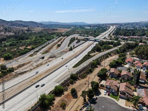 Aerial view of highway crossing a little town in California