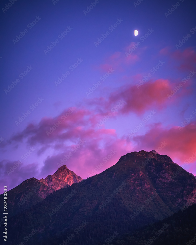 Nature mountains landscape at sunset. Vibrant colors in the evening