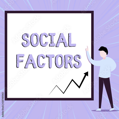 Word writing text Social Factors. Business photo showcasing Things that influences lifestyle Cultural Differences View young man standing pointing up blank rectangle Geometric background