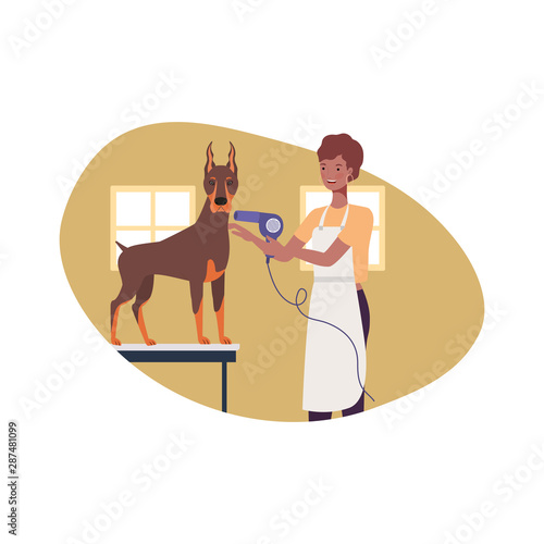young woman with dog in pet groomer