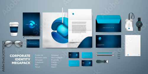 Corporate identity premium branding design. Stationery mockup vector megapack set. Template for business or finance company. Folder and A4 letter, visiting card and envelope based on modern blue logo.