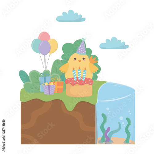 Chicken cartoon with happy birthday icon design
