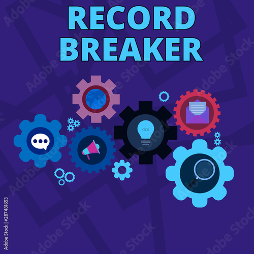 Word writing text Record Breaker. Business photo showcasing someone or something that beats previous best result Set of Global Online Social Networking Icons Inside Colorful Cog Wheel Gear photo