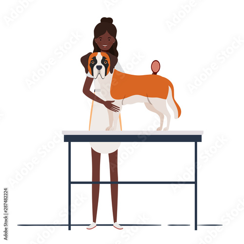 young woman with dog in pet groomer