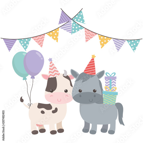Donkey and cow cartoon with happy birthday icon design