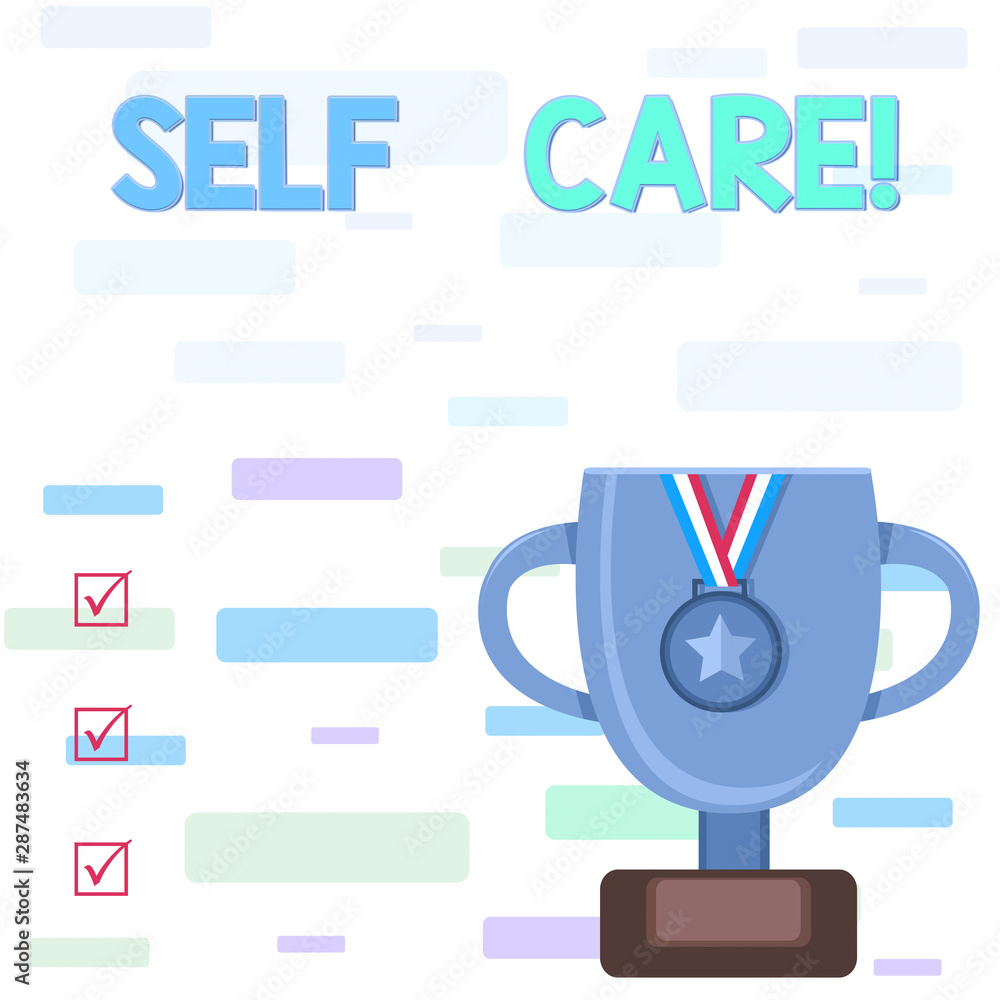 Writing note showing Self Care. Business concept for practice of taking action to preserve or improve ones own health Trophy Cup on Pedestal with Plaque Medal with Striped Ribbon Writing note showing Self Care. Business concept for practice of taking action to preserve or improve ones own health Trophy Cup on Pedestal with Plaque Medal with Striped Ribbon