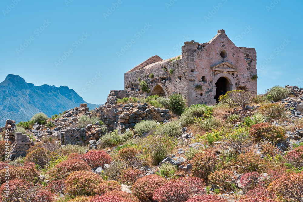 Old ancient ruins of abandoned building on islands near Crete, Greece.