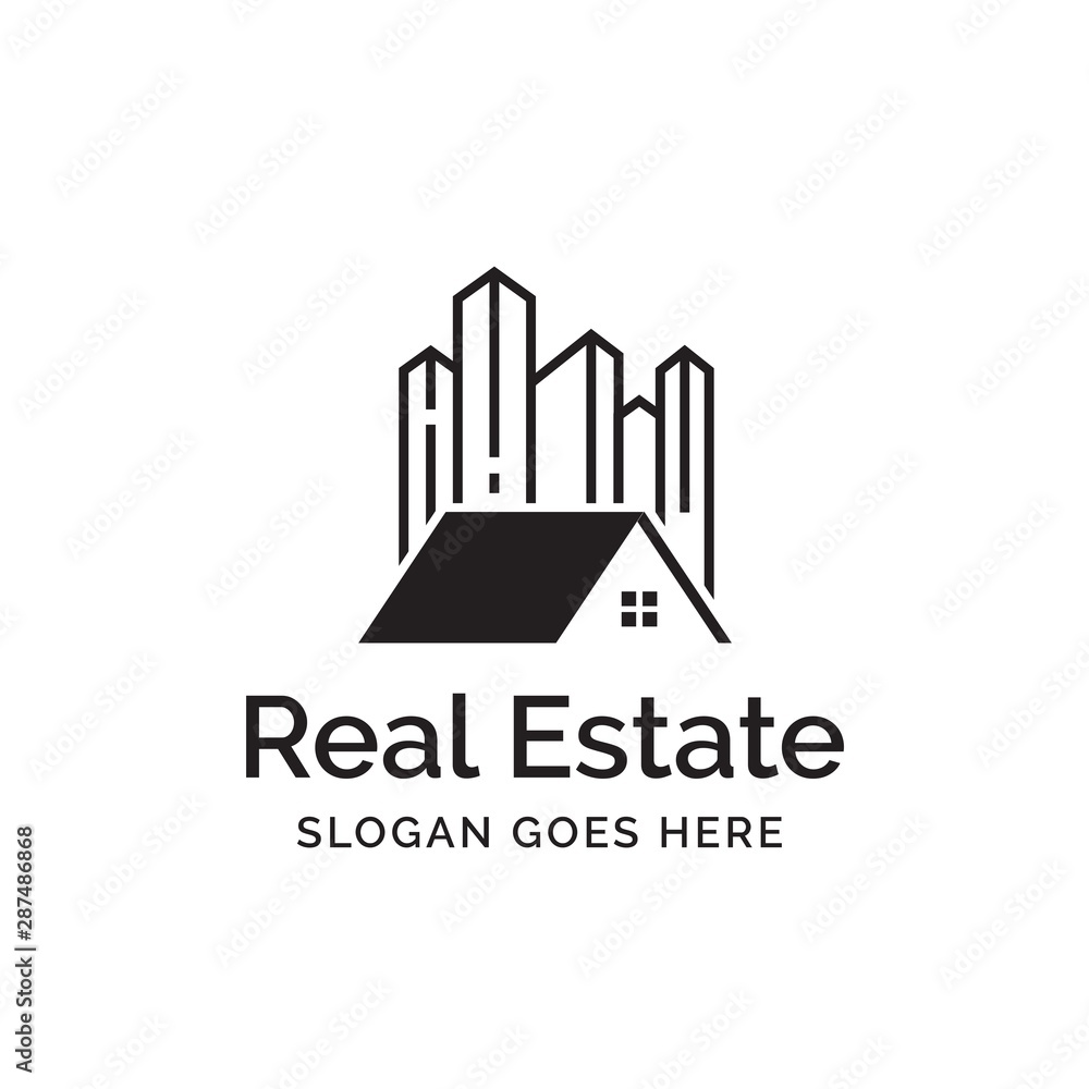 Roof house with line art skyscraper city building real estate logo design