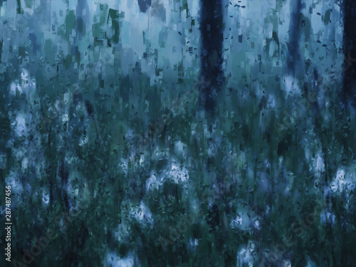 Dark green shades abstract painting of trees in rainforest with flowers, digital illustration