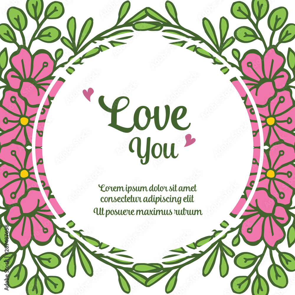 Various shape unique frame with pink flower and green leaves, for template of card cute love you. Vector Various shape unique frame with pink flower and green leaves, for template of card cute love you. Vector