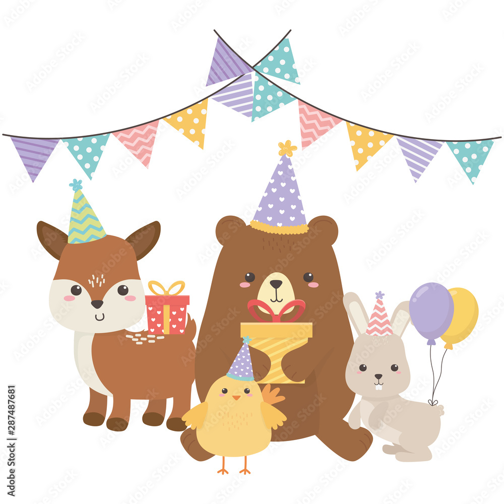 Fototapeta premium Bear reindeer rabbit and chicken with happy birthday icon design