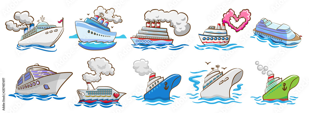 cruise ship vector set clipart - obrazy, fototapety, plakaty 