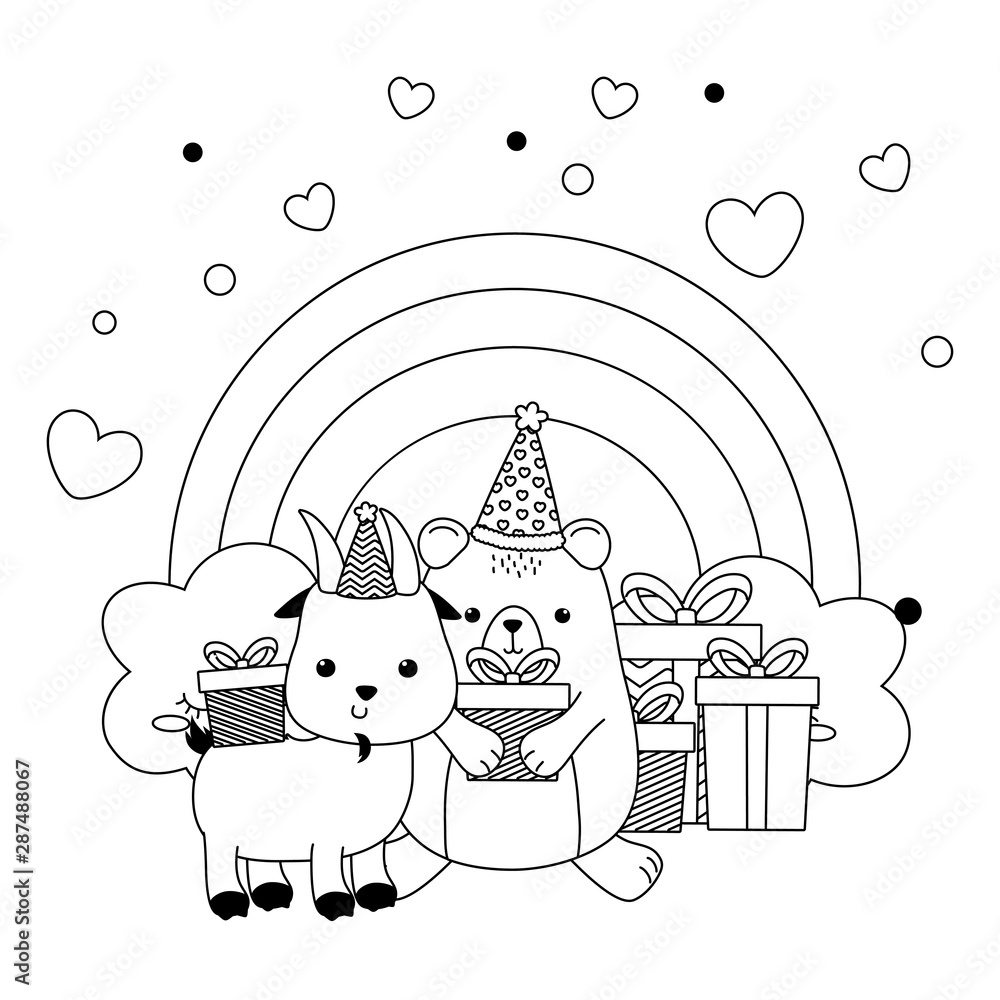 Naklejka premium Goat and bear with happy birthday icon design