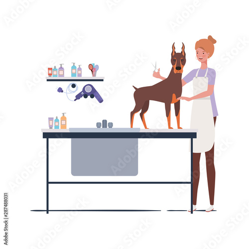 young woman with dog in pet groomer