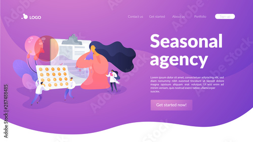 Allergic symptoms and reactions treatment. Pharmaceutical industry. Seasonal allergy, seasonal allergy diagnosis, pollen allergy immunotherapy concept. Website homepage header landing web page
