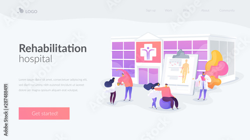 Physiotherapy and rehab clinic patients exercising. Rehabilitation center, rehabilitation hospital, stabilization of medical conditions concept. Website homepage header landing web page template.