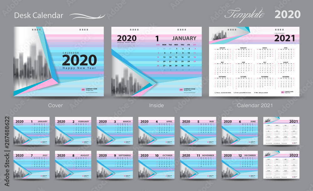 Set Desk Calendar 2020 template vector, pastel concept, Calendar 2021 ...