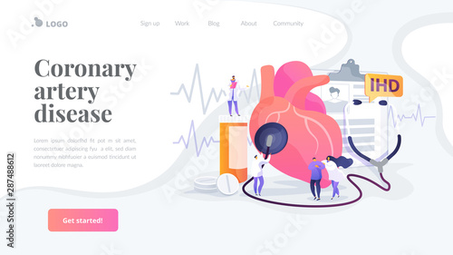 Circulatory system complications. Cardiologists studying human organ. Heart disease, ischemic heart disease, coronary artery disease concept. Website homepage header landing web page template.