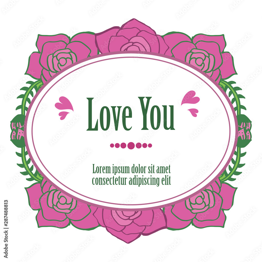 Elegant art cute purple rose flower frame, for template of text love you. Vector