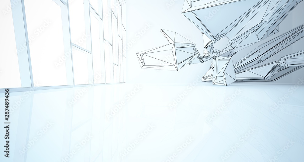 Abstract architectural white interior of a minimalist house with large windows. Drawing. 3D illustration and rendering. Abstract architectural white interior of a minimalist house with large windows. Drawing. 3D illustration and rendering.