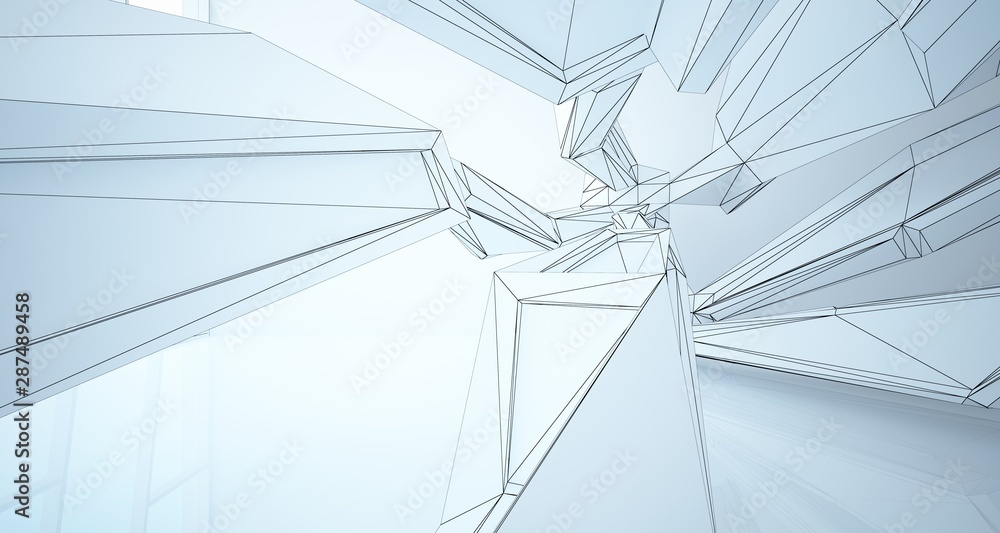Abstract architectural white interior of a minimalist house with large windows. Drawing. 3D illustration and rendering. Abstract architectural white interior of a minimalist house with large windows. Drawing. 3D illustration and rendering.