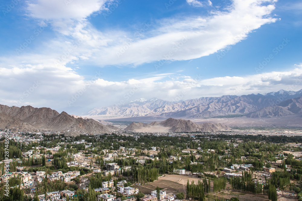 Landscape view of rural valley from shanti stupa in Leh Ladakh, Jammu and Kashmir.