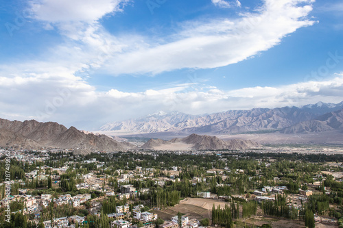 Landscape view of rural valley from shanti stupa in Leh Ladakh, Jammu and Kashmir.