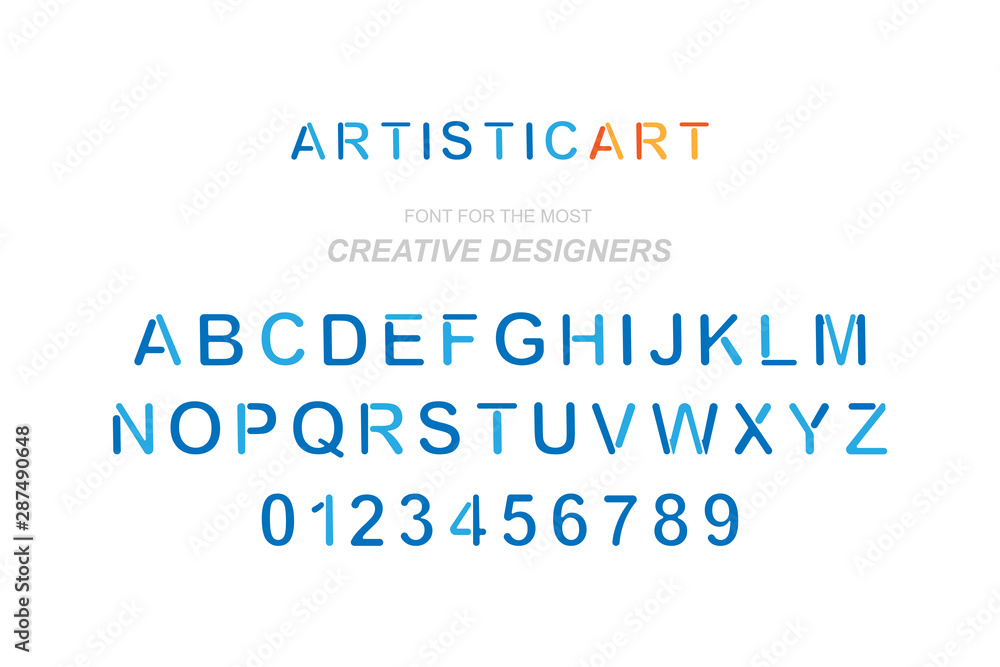 Original alphabet with letters and numbers in blue colour for creative design template. Flat illustration EPS10