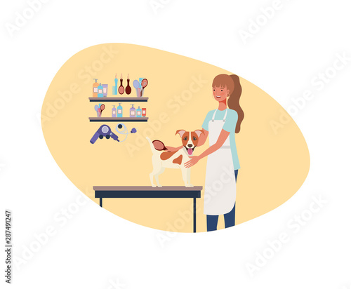 young woman with dog in pet groomer