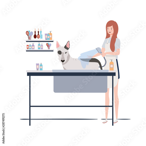 young woman with dog in pet groomer