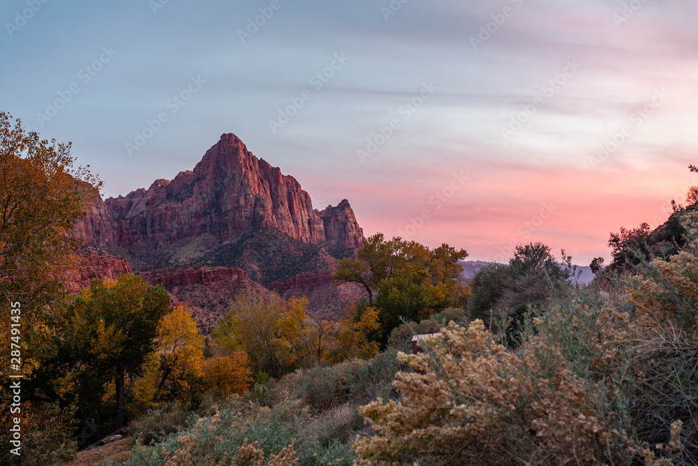 The Watchman and the south end of Zion Canyon is illuminated by sunset, Zion National Park, Utah