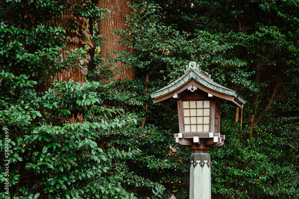 Japanese lamp of Meiji Jingu Shrine under big tree in shrine forest park Tokyo. Japanese lamp of Meiji Jingu Shrine under big tree in shrine forest park Tokyo.