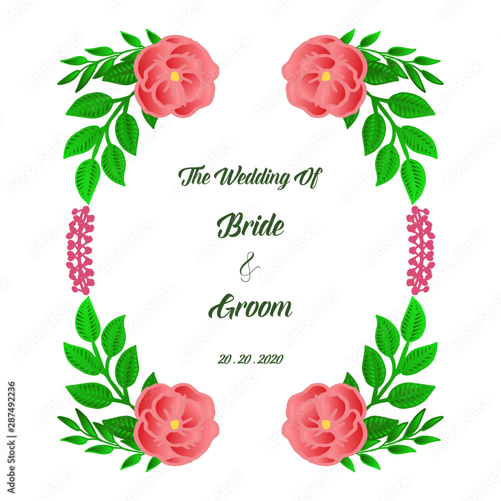 Bride and groom romantic card, with artwork of rose floral frame. Vector
