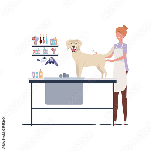 young woman with dog in pet groomer