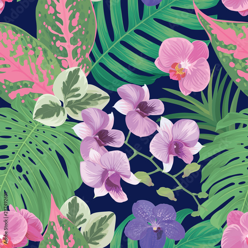 Seamless pattern of colorful orchid flowers and tropical leaf background. Vector set of exotic tropical garden for holiday invitations, greeting card and fashion design.