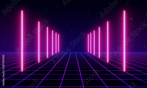 Retro Sci-Fi Background Futuristic landscape of the 80`s. Digital Cyber Surface. Suitable for design in the style of the 1980`s 