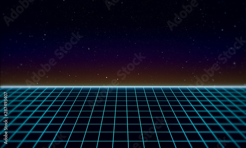 Retro Sci-Fi Background Futuristic landscape of the 80`s. Digital Cyber Surface. Suitable for design in the style of the 1980`s 