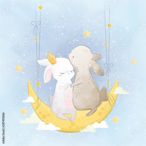 Cute Bunnies Standing on the Moon