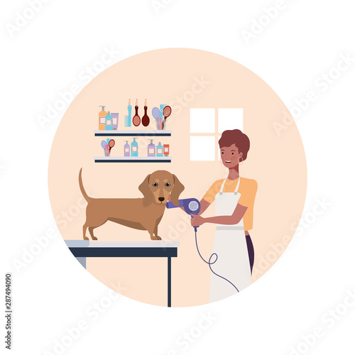 young woman with dog in pet groomer